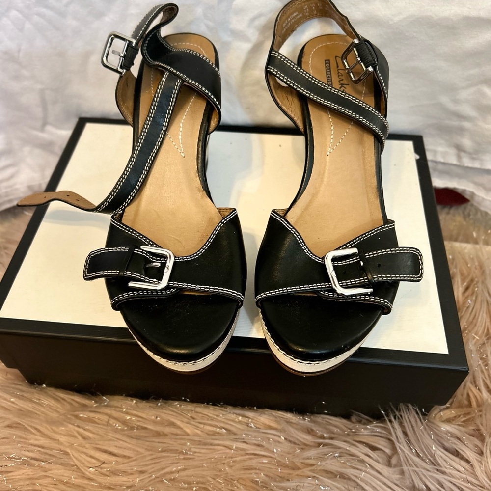 Clark Black Sandals Wedge with Silver Buckle Detail